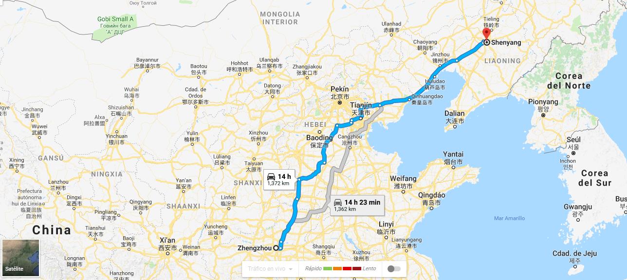 Map of China with distance from Zhengzhou slaughterhouse to Shenyang farm