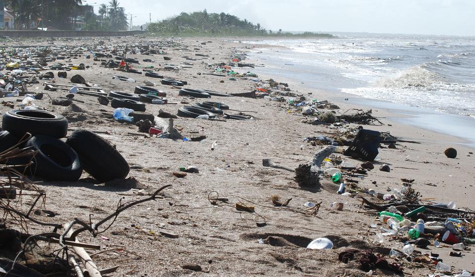 A polluted beach littered with garbage. 